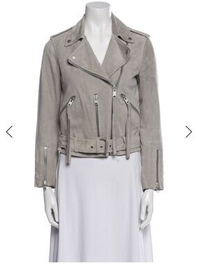 ALL SAINTS Womens Grey Suede Moto Jacket with Zipper Detail